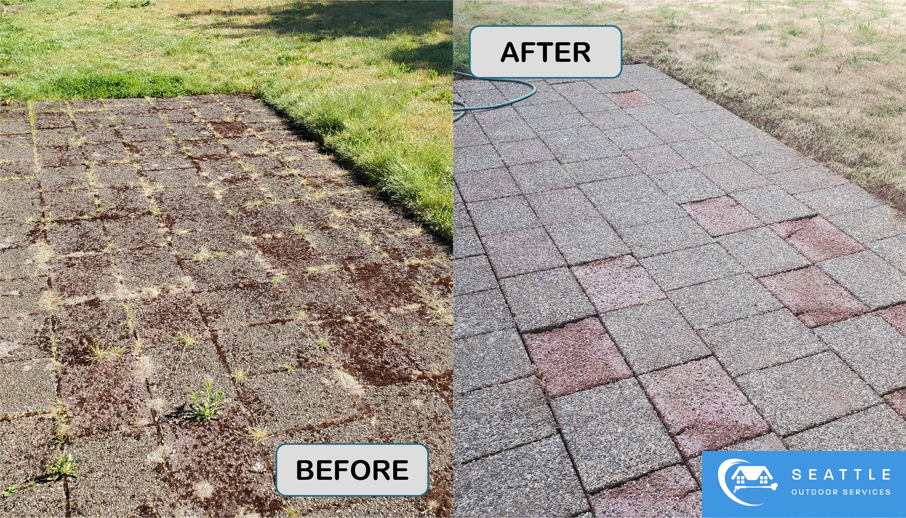 A before and after image of am outdoor patio being revived after being pressure washed.