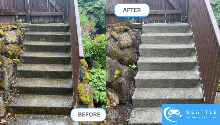 Outdoor staircase has been completely pressure washed and revived, showing a new concrete look.