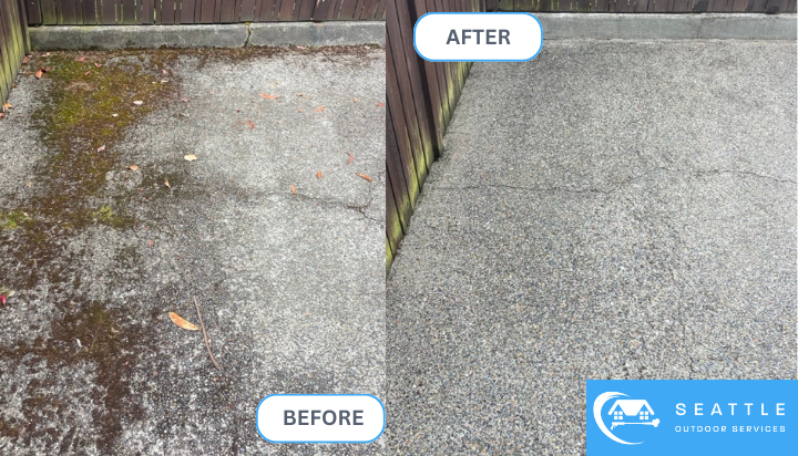 Outdoor concrete patio has been completely pressure washed and cleaned of algae.