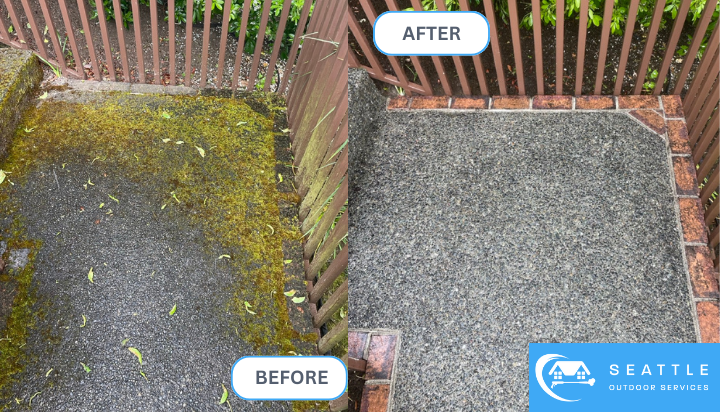 Image of an outdoor waklway leading to the front entrance has been pressure washed and cleaned of moss.