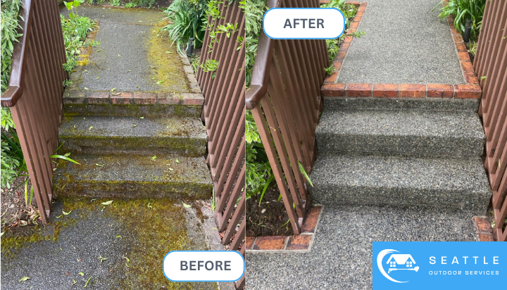 Image of an outdoor staircase has been completely pressure washed and revived, showing a new concrete look