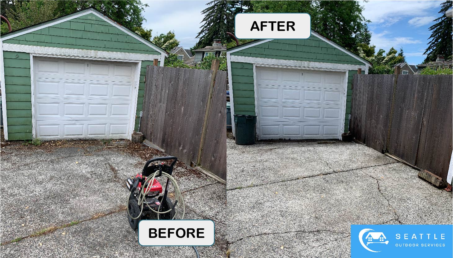 Before and after image of a single car garage being pressure cleaned.