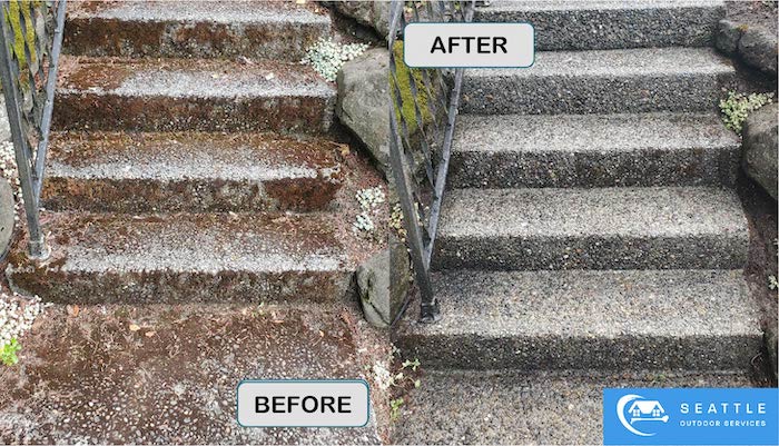 Before and after image of a mossy stair set being pressure washed.