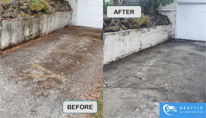 Before and after image of a mossy driveway being pressure washed.