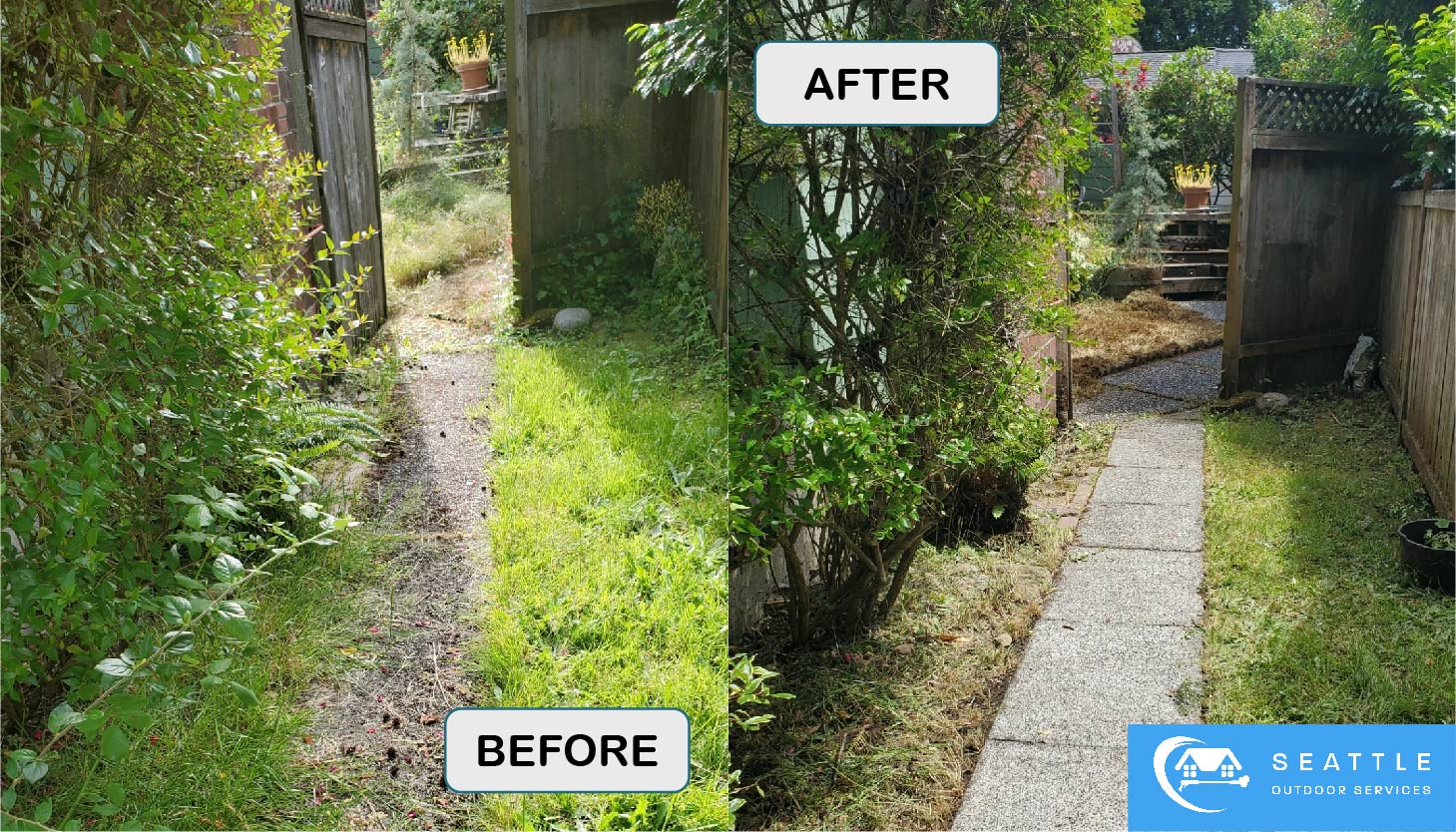 Image of an outdoor path covered with grass, weeds, and moss. An afterimage with a clean, edged, bright pathway.