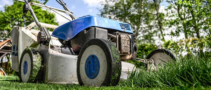 A lawn being cleaned, leaves being raked in the autumn, a outdoor path being revived